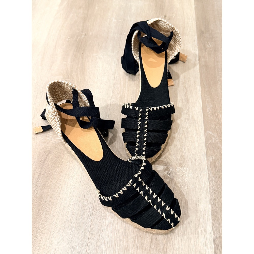 Castañer Cici Espadrille Wedge Sandals US 10 Black Ankle Tie Boho Coastal Resort